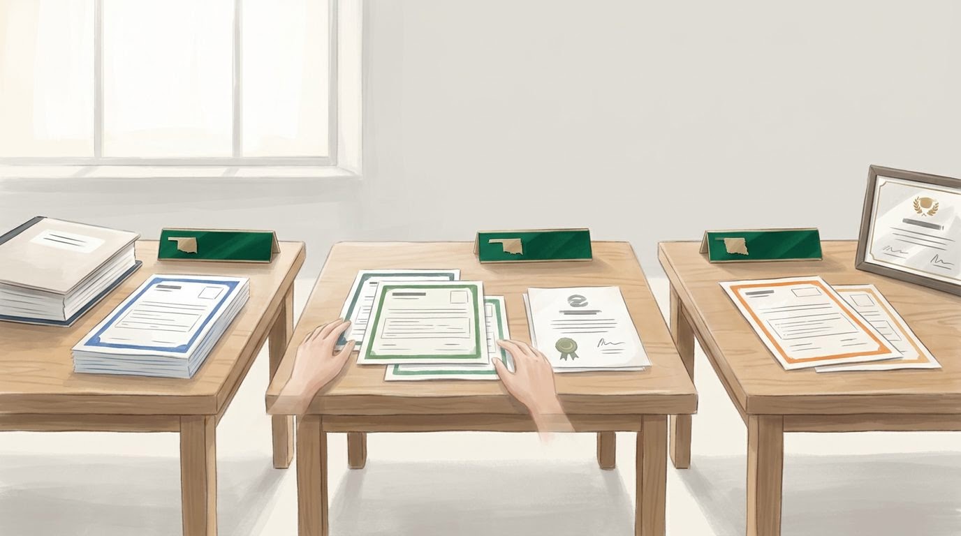 Three desks shown side by side, each displaying different colored forms, documents, and materials representing the varying licensing require