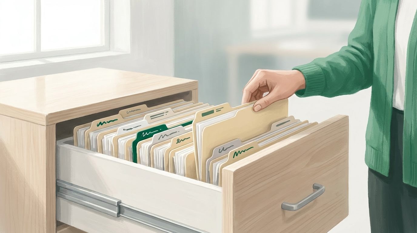 A hand filing a folder back into an unchanged filing cabinet drawer, showing business operations continuing as usual.