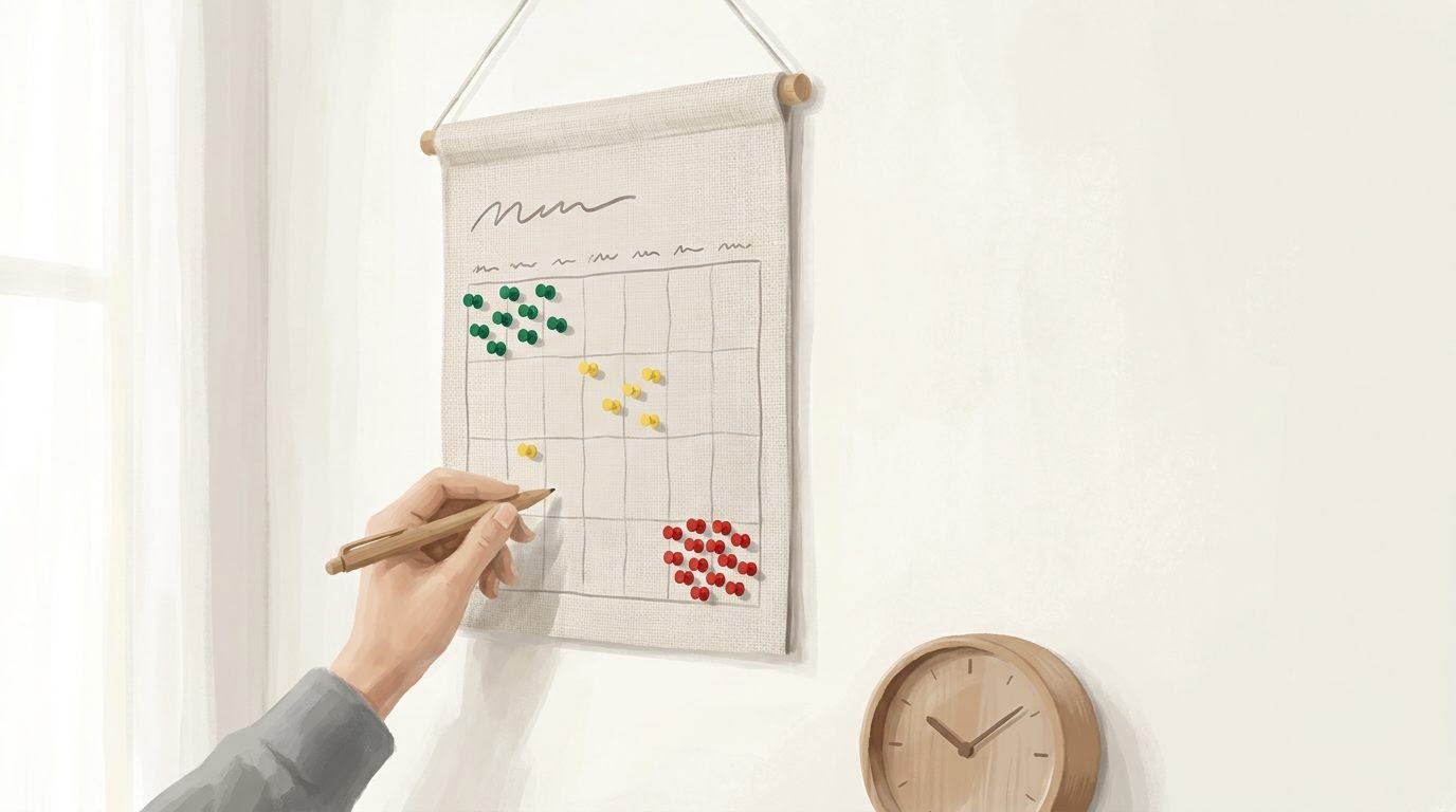 A monthly wall calendar with colored pushpins marking different deadlines throughout the month, and a hand with a pen reaching toward it.
