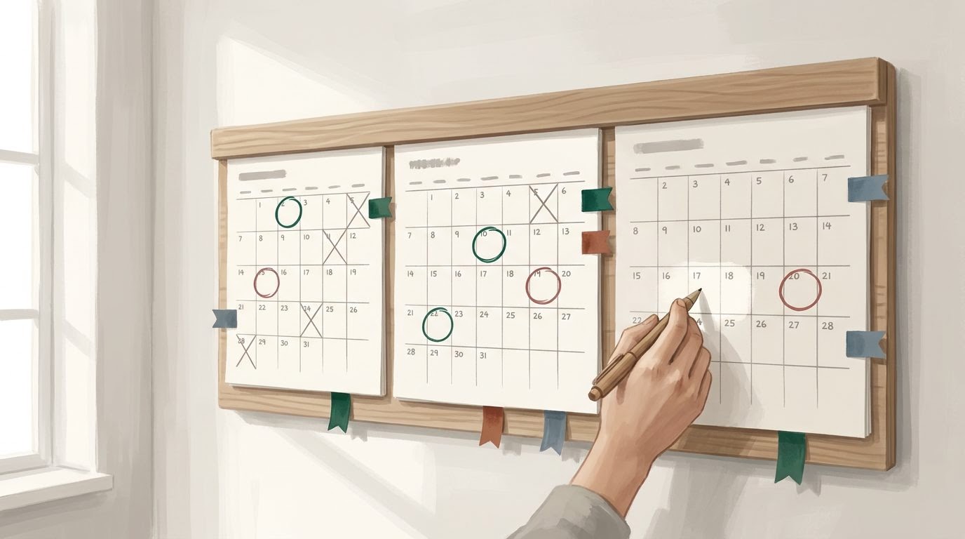 A three-month wall calendar with circled dates and sticky flags marking various deadlines, with a hand holding a pen.
