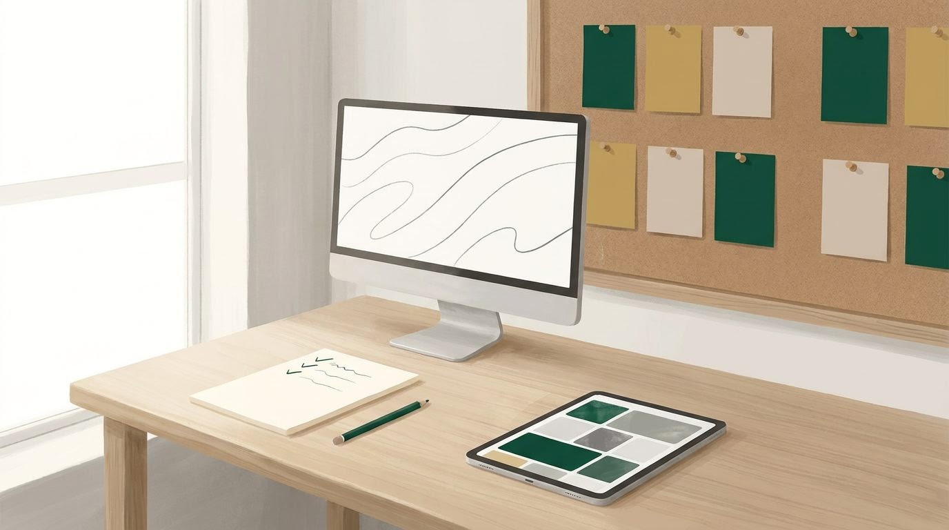 An organized agency workspace with a computer, a notepad of ticked-off items, a tablet, and colour-coded cards pinned on a corkboard.