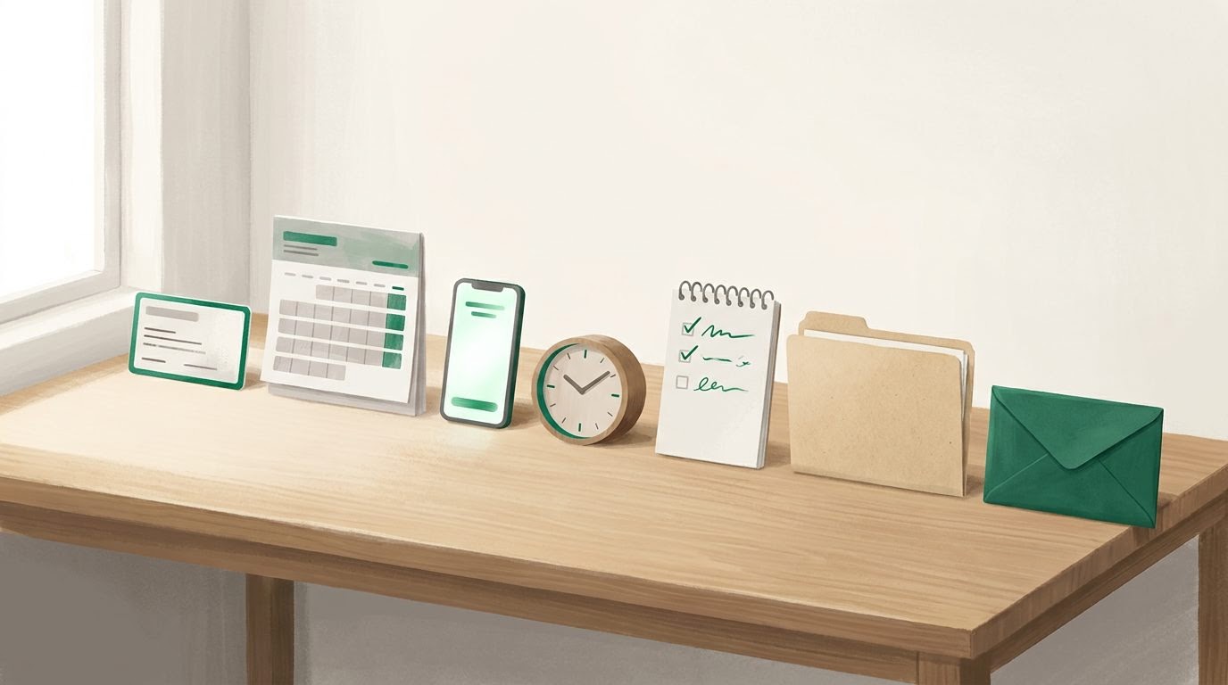 Seven objects arranged in sequence on a desk, representing the steps from eligibility check through claim submission in a home care workflow