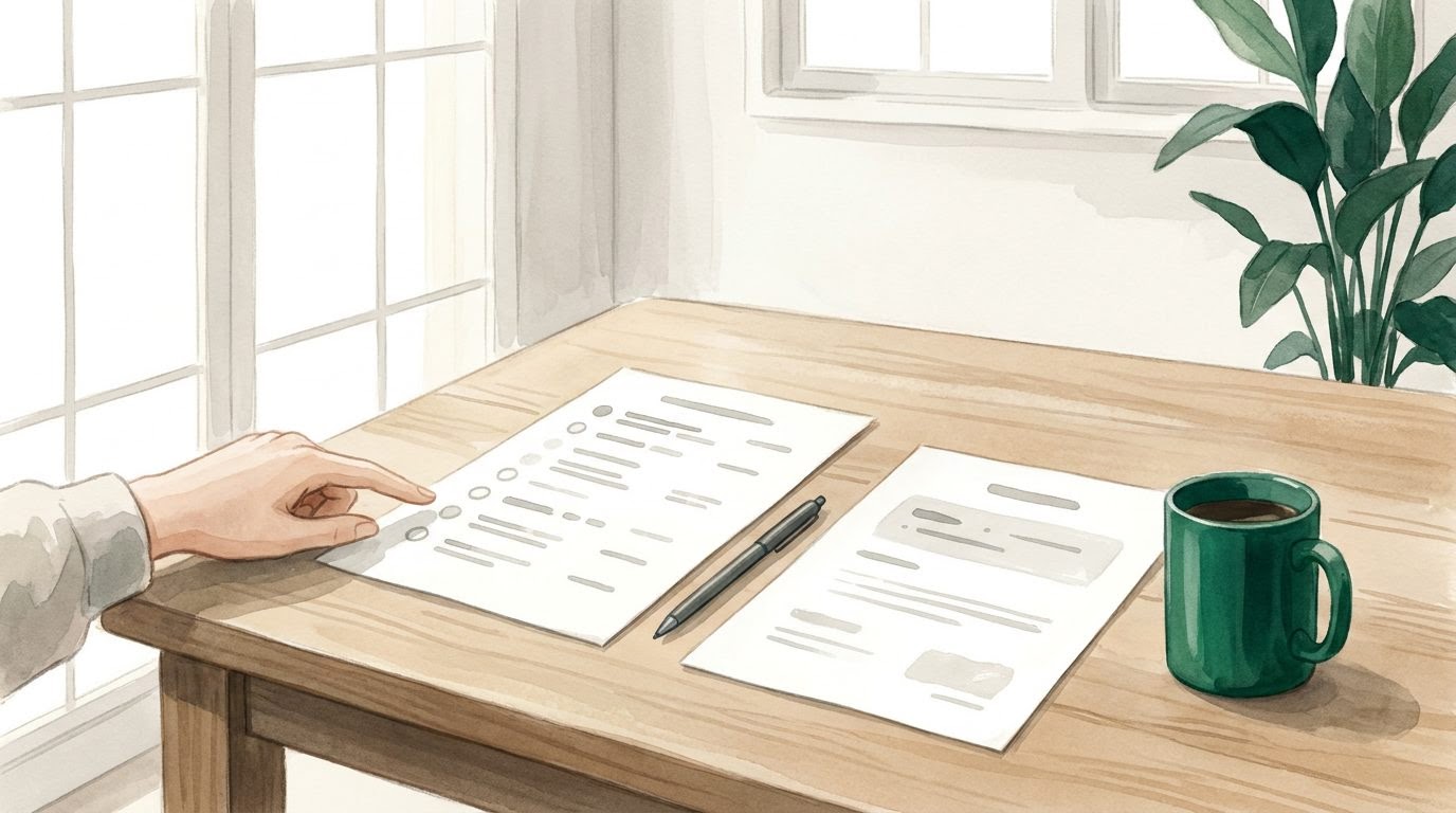 A kitchen table with two different resident agreement documents side by side and a hand pointing to one, illustrating the difference between