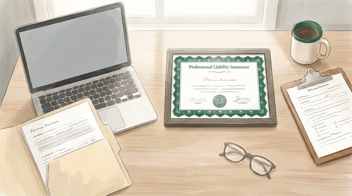 An overhead view of a therapist's desk with insurance credentialing documents, a laptop, and paperwork spread out during the application pro