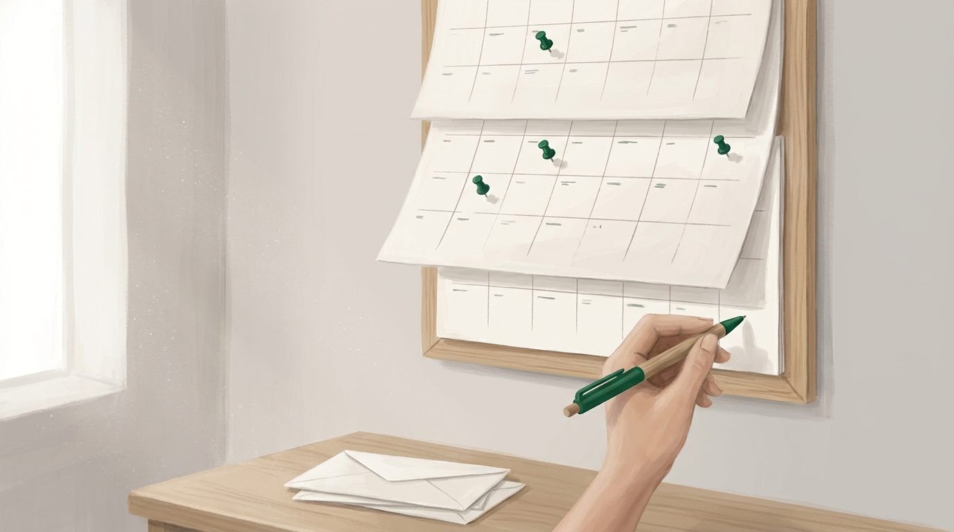A wall calendar showing multiple months with a hand pointing to a future date while earlier months with marked dates have already passed.