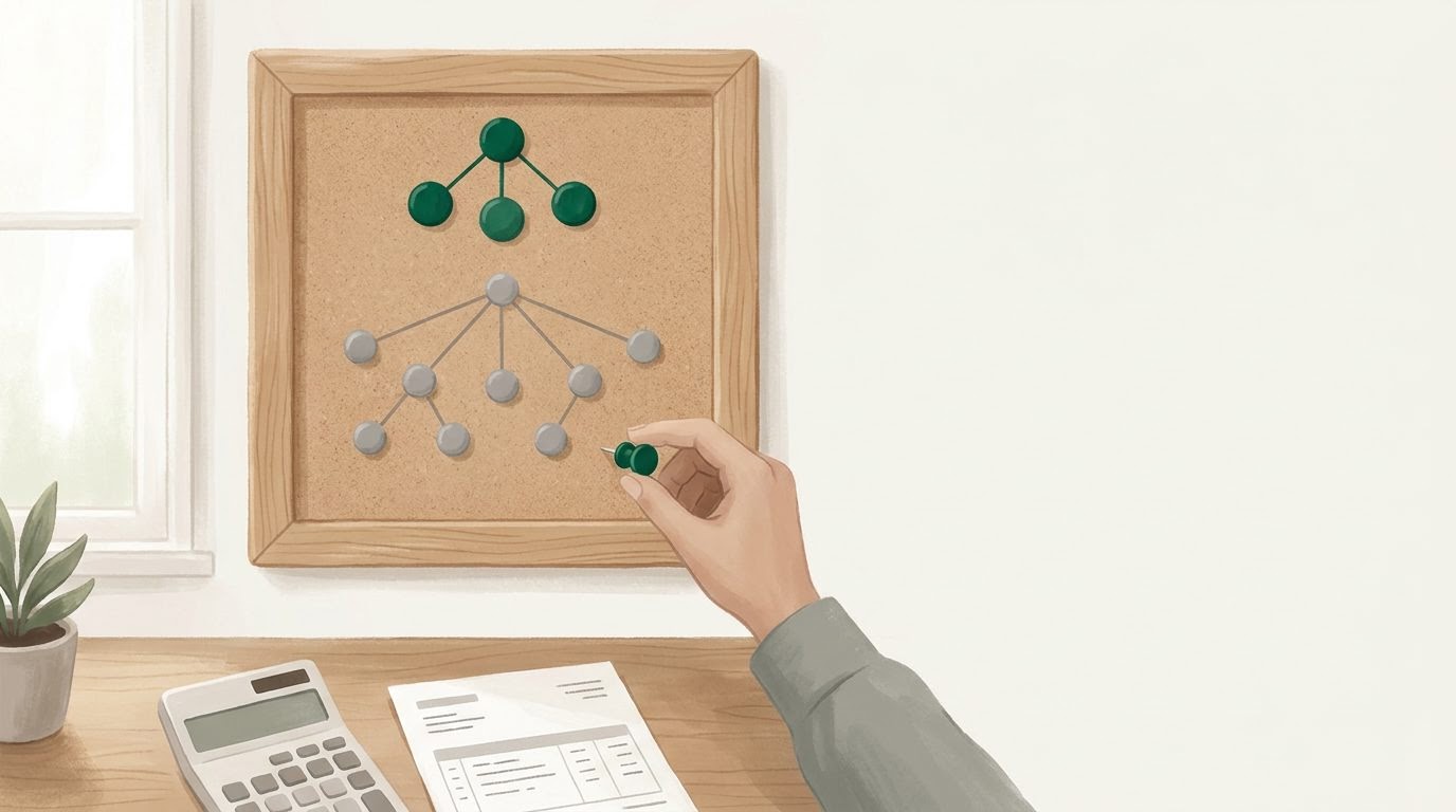 A bulletin board with pushpins showing staff growth from three to ten positions, with a hand adding another pushpin.