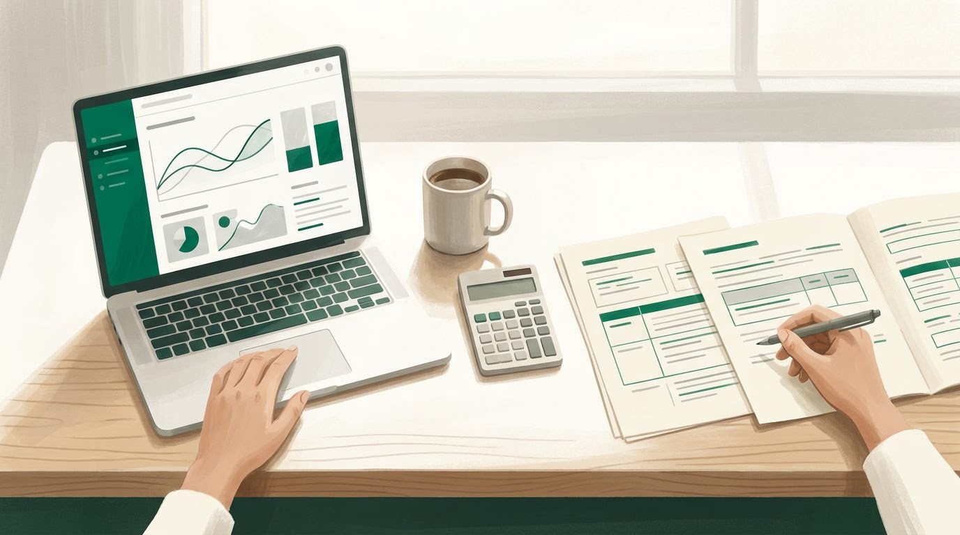 Overhead view of a desk with a laptop and paperwork comparing integrated and third-party clearinghouse options.