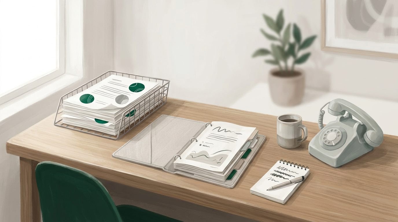 A desk with rejected claim forms in a tray, an open reference binder, and a notepad with corrections.