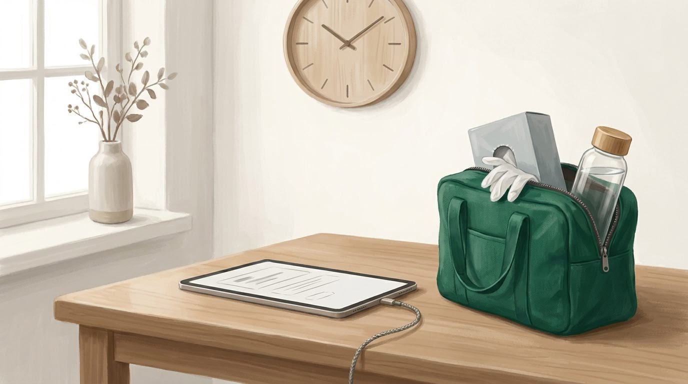 A tablet and home health bag rest on a kitchen table with a wall clock in the background.
