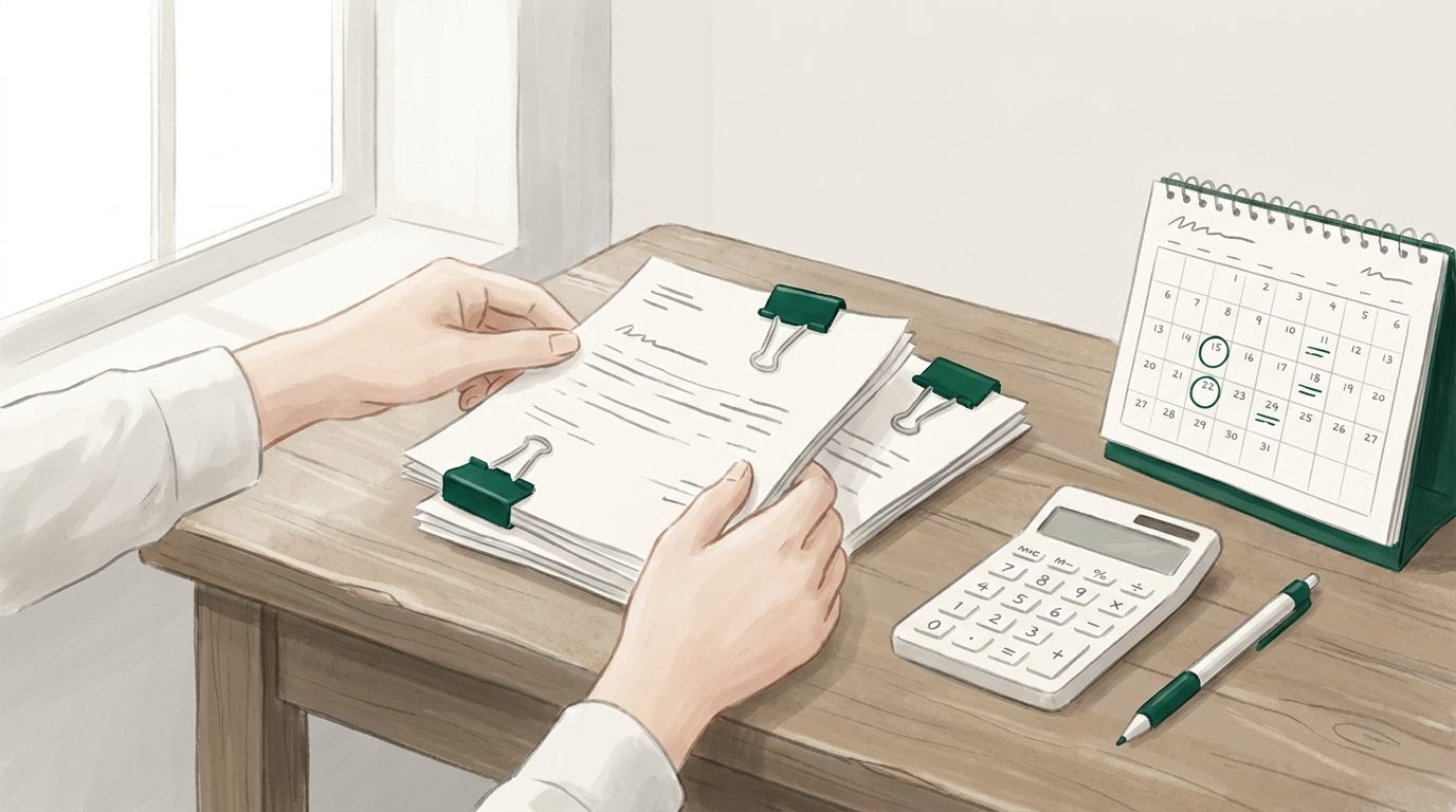 Hands organizing service authorization papers clipped to visit notes on a desk with a calculator and calendar.