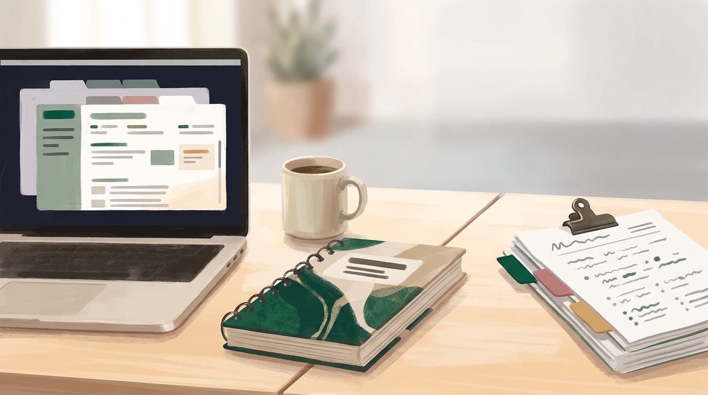 A desk with a laptop displaying a patient chart interface alongside printed schedules with colored tabs, a coffee mug, and a coding referenc