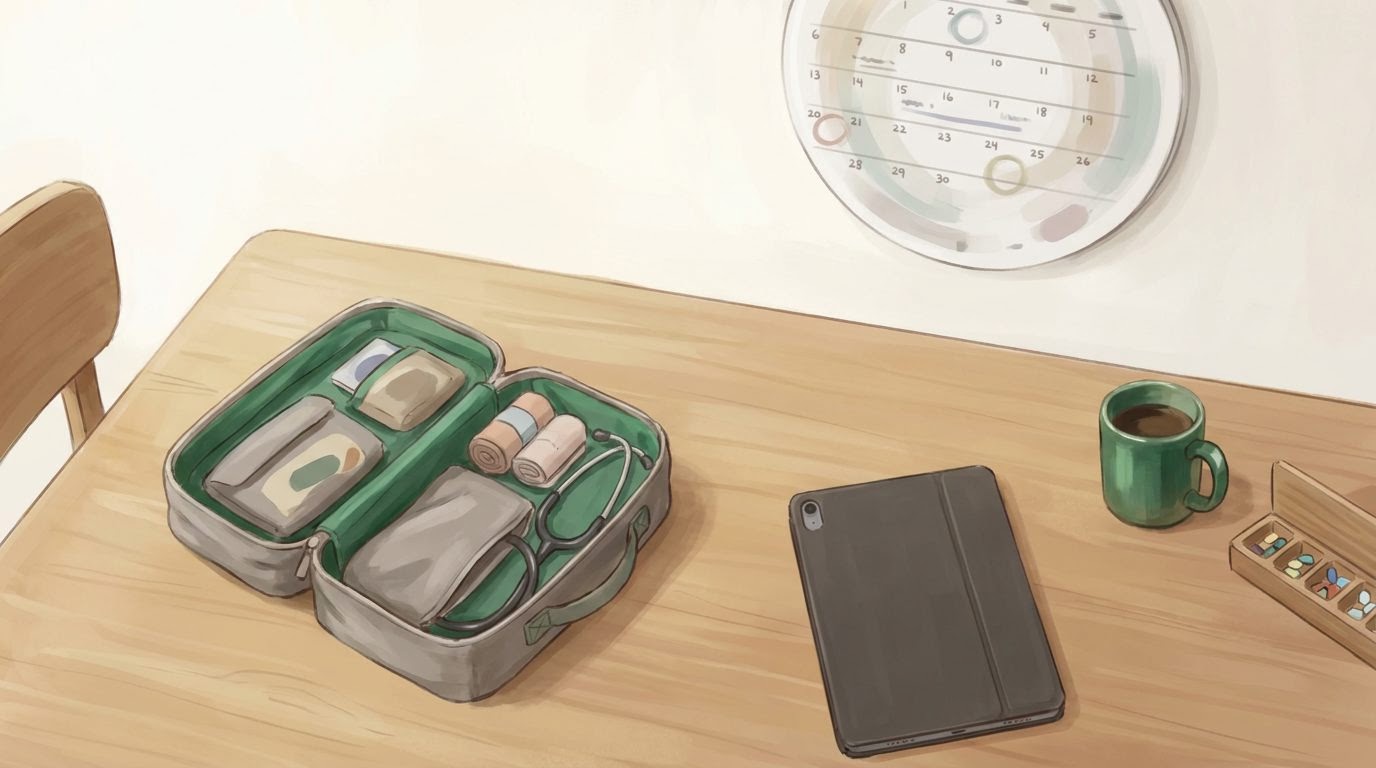 A home health nurse's tablet and supplies on a kitchen table with a wall calendar visible in the background.