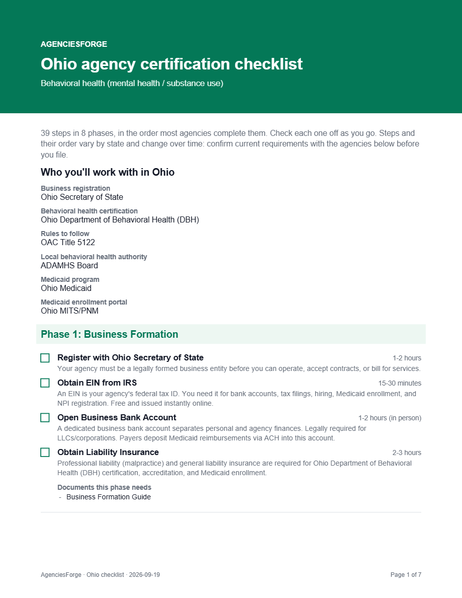 Page 1 of the Ohio certification checklist: the agencies you work with and the business formation steps