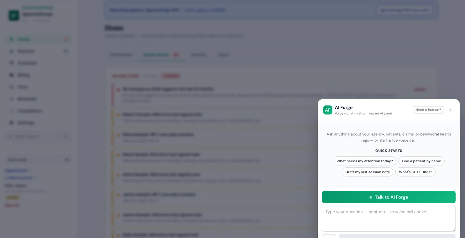AI Forge — voice + chat AI agent working inside a patient chart