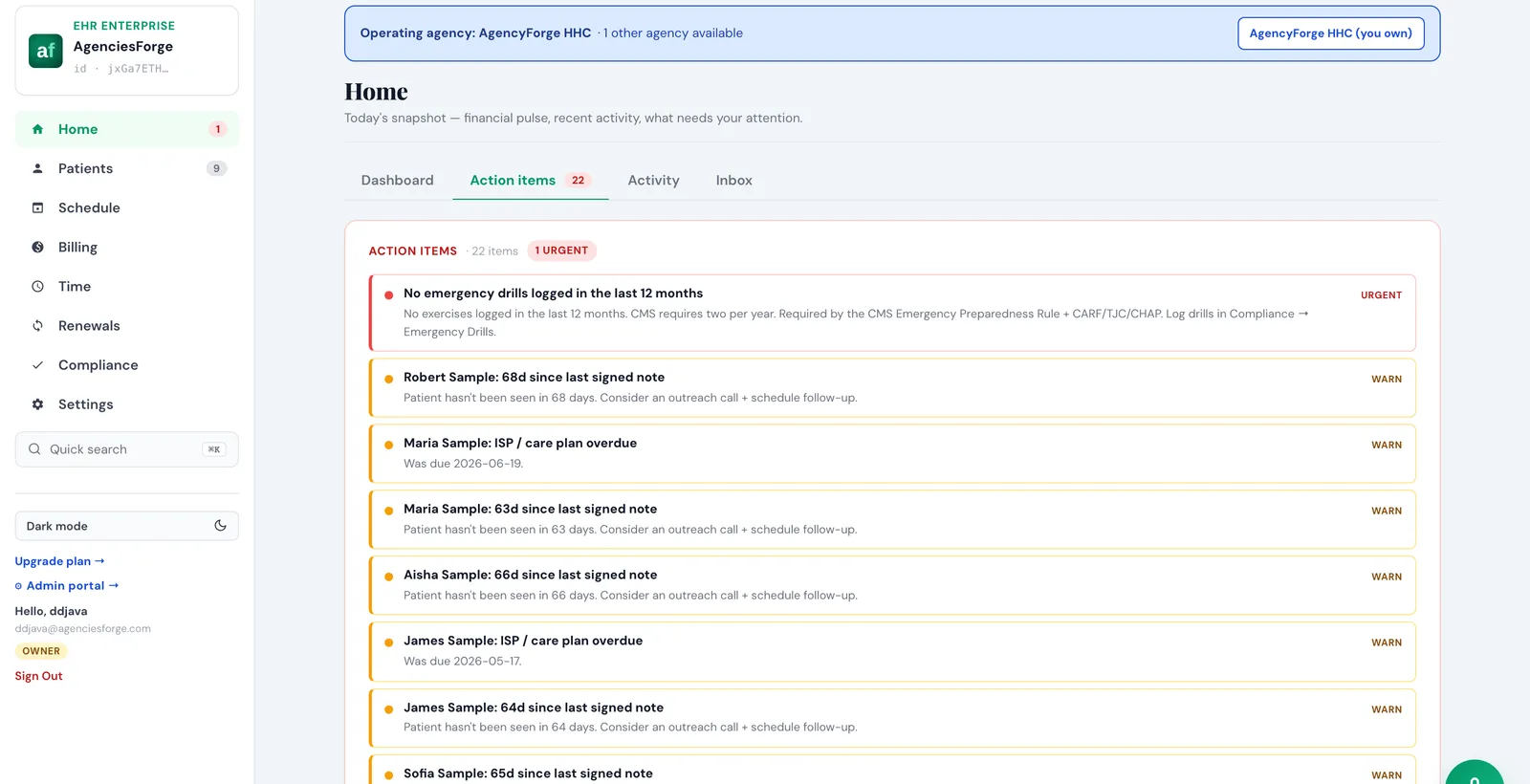 AgenciesForge dashboard — overdue notes, care-plan gaps and compliance risks surfaced by AI